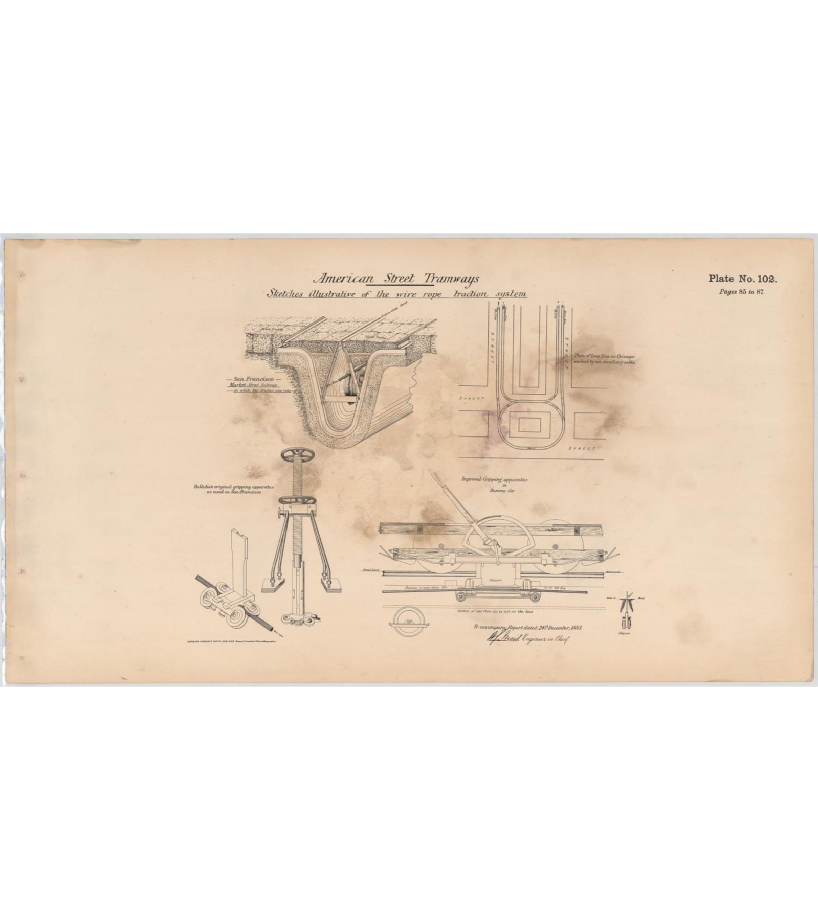 A detailed 1883 engineering drawing of tramway mechanisms, used here as an example drawing